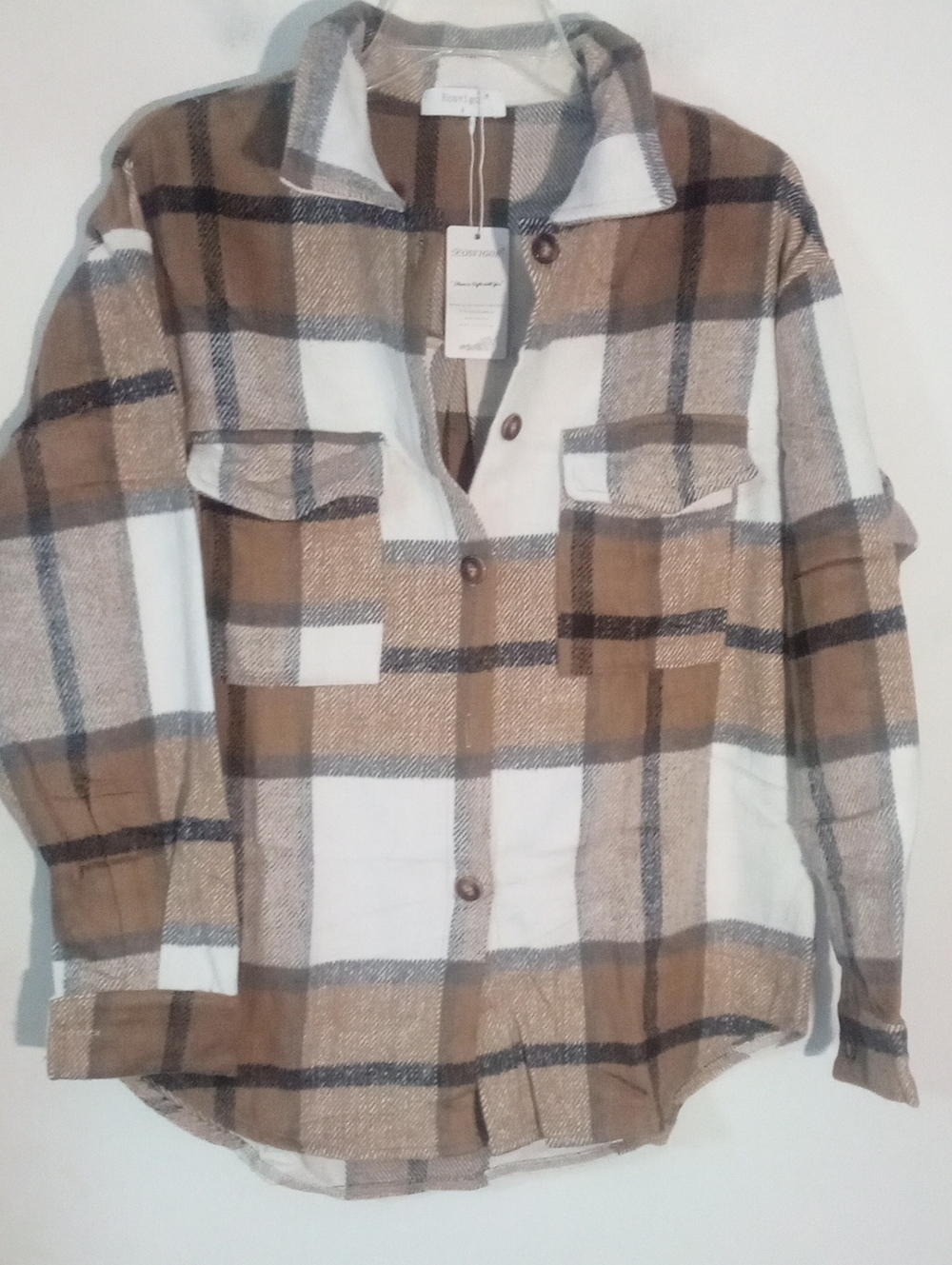 Men's Plaid Button-Up Shacket in Brown and White  Small NWT